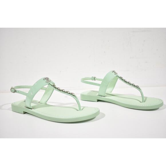 Chanel 22C Green Patent Silver Chain CC Logo Mule Slide Flat Thong Sandal 37 - Picture 3 of 12